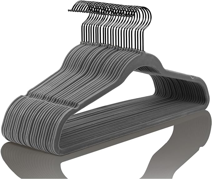MIZGI Premium Velvet Hangers (50 Pack) Heavy Duty - Non Slip Felt Hangers - Velvet Suit Hanger Gray - Black Coated Hooks,Space Saving Clothes Hanger