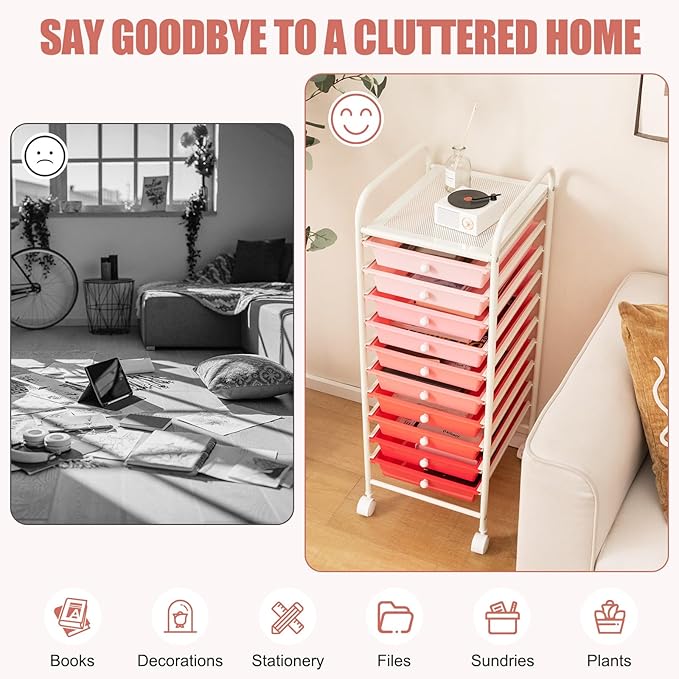 GOFLAME 10-Drawer Rolling Storage Drawer Cart, Utility Cart with Removable Drawers & Metal Frame, Mobile Art Craft Drawer Cart with Lockable Wheels for Home, Office, Studio, School, Pink