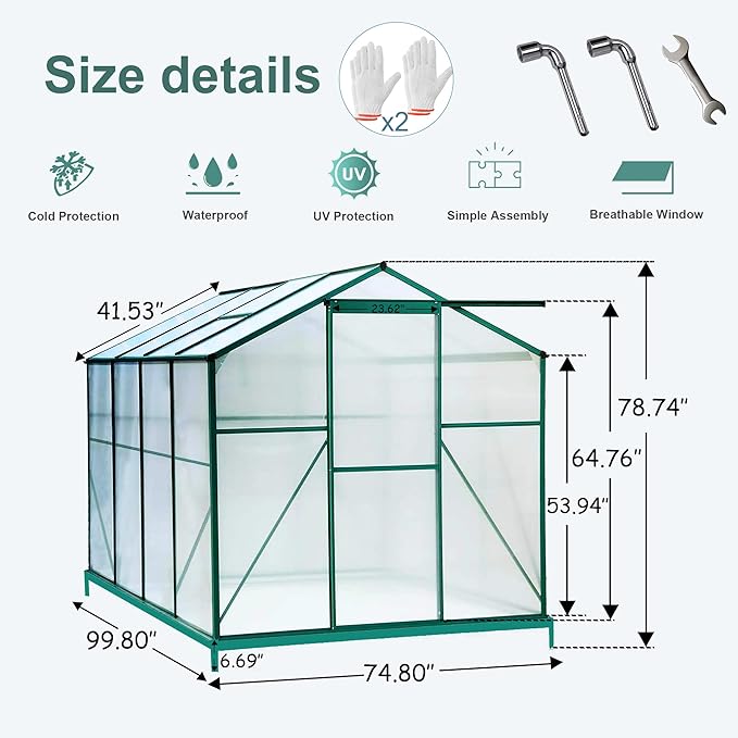 6'x8' Heavy Duty Polycarbonate Greenhouse with Aluminum Frame Green