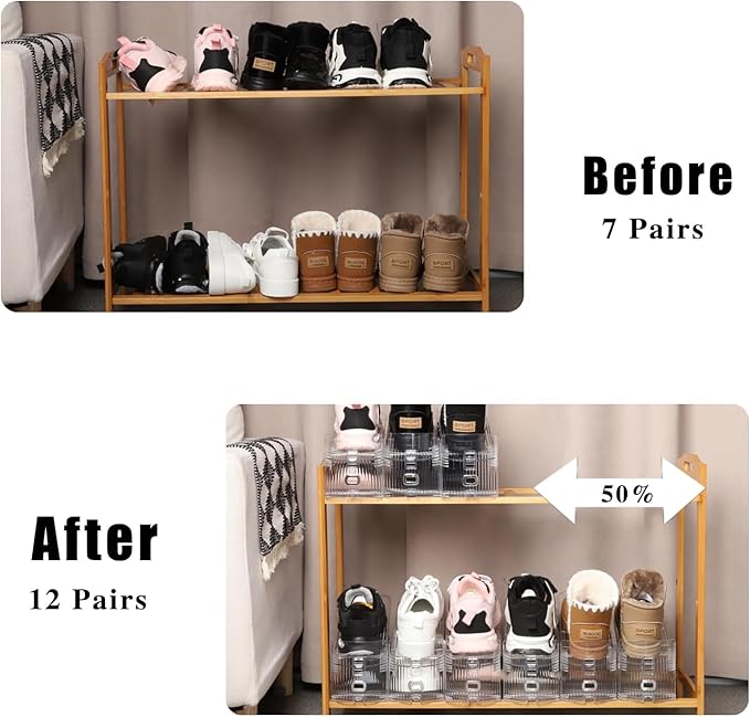 2 Pack Shoe Slots Organizer Adjustable Level Shoe Stacker Holder Storage Space Saving Sneakers Display Tray Rack for Closet (Transparent, 2Pack)