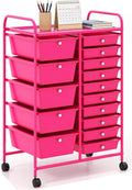 LUARANE Rolling Cart with 15 Drawers, Craft Storage Cart with Portable Handles & Lockable Wheels, Mobile Toys Organizer, Large Capacity Utility Drawer Cart Home Office School Teacher (Hot Pink)