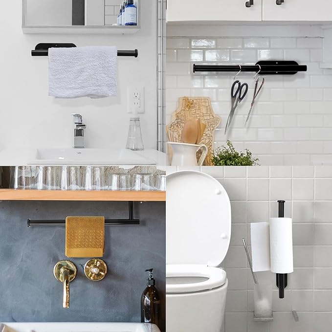 YeeBeny Black Paper Towel Holder Kitchen Roll Holder, Paper Towel Holder - Self Adhesive or Drilling, Under Cabinet Paper Towel Rack, Wall Mounted Paper Towel(Black)