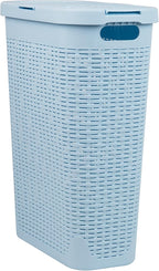 Mind Reader Slim Laundry Hamper with Lid, 40L Clothes Basket, Premium Wicker Design, Plastic, Baby Blue