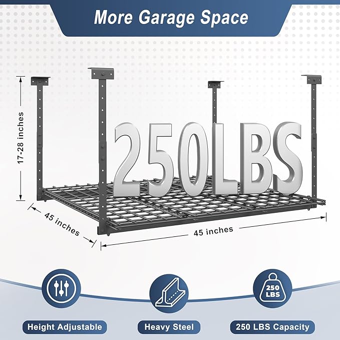 45-Inch x 45-Inch Overhead Garage Storage Rack, 17"-28" Height Adjustable Garage Ceiling Storage Racks, Heavy Duty Storage Organizer System, 250LBS Weight Capacity, Black