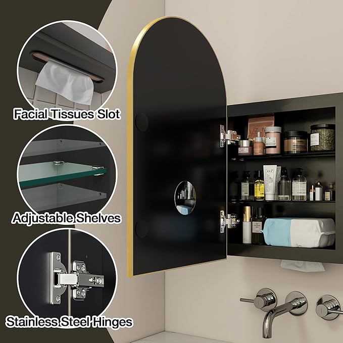 Arched Medicine Cabinet Mirror No Assembly Needed Bathroom Mirror with Storage Recessed or Surface Mount Options (Gold, 25.6" L x 15.8" W)