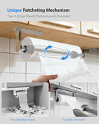 Paper Towel Holder Under Cabinet, One-Handed Tear, Wall Mount, Adhesive, Silver, Paper Roll Holder with Ratchet Mechanism for Kitchen Bathroom Farmhouse Essentials Decor Accessories