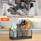 Extra Large Utensil Holder for Kitchen Counter, Kitchen Cooking Utensil Holder Organizer Kitchen Utensil Racks with Drying Base Cooking Tools Storage for Countertop Sink Cutlery Holder, 4 Compartments