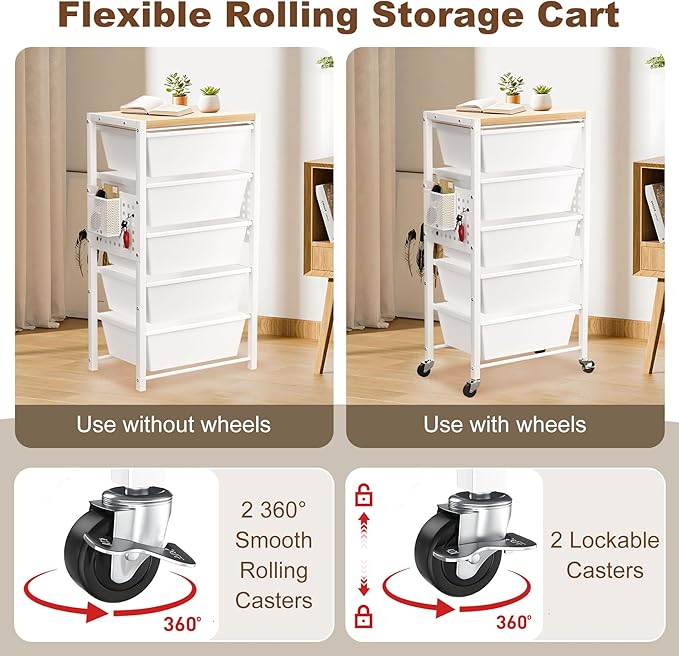 Rolling Cart with Drawers, Rolling Storage Cart with 5 Large Plastic Drawers & Wooden Tabletop, Utility Cart with Pegboards & Basket, Storage Drawers Cart for Living Room, Classroom, Bedroom, Office