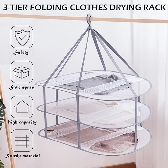 3 Tier Folding Mesh Clothes Drying Rack, Stackable Sweater Drying Rack with Internal Fixation, Portable Hanging Laundry Rack for T-Shirt,Swimsuit,Sweater,Delicates (1 Pack)