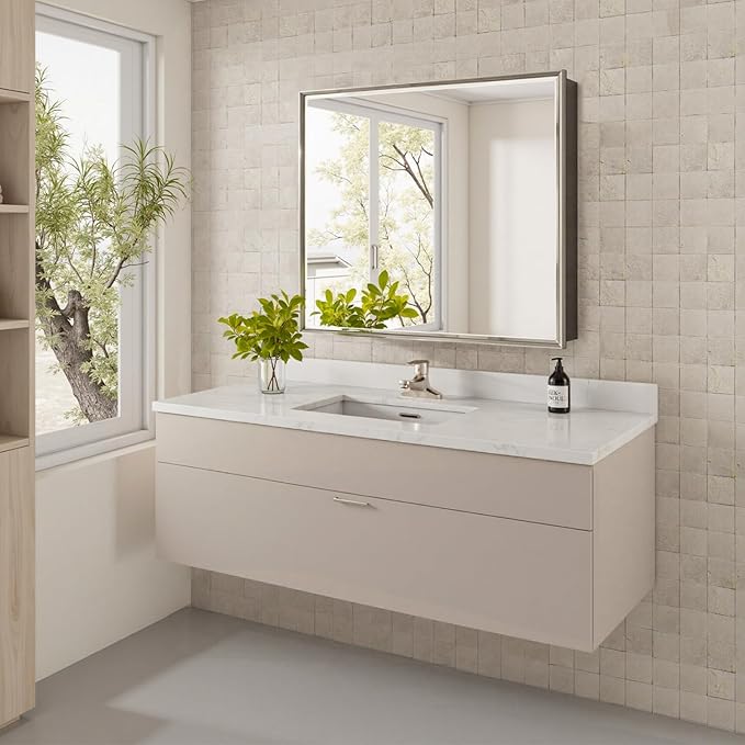 30x26 Pre-Assembled Bathroom Medicine Cabinet Mirror, Surface or Recessed Brushed Nickel Medicine Cabinet with Mirror & Rustproof Aluminum Frame, Beveled Bathroom Vanity Mirror with Storage