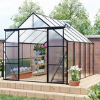 Double Sliding Door Polycarbonate Greenhouse with Rain Gutter and Roof Vent, Raised Base and Anchor Aluminum Heavy Duty Walk-in Green House, Outdoor Patio Sunroom (Black, 121.25*94.5*89.5in)