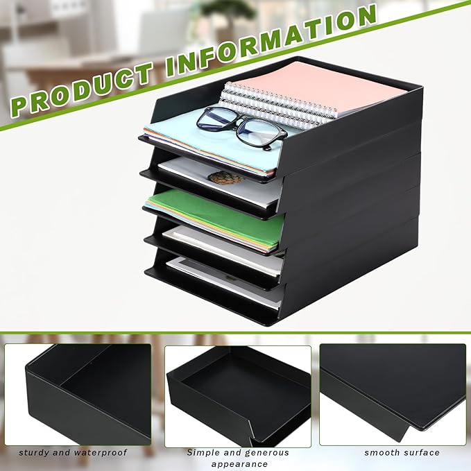 Wenqik 20 Pcs Stackable Paper Trays Rectangular Plastic Desk Holder Desktop Document File Organizer Storage Letter for Back to School Office Classroom (Black)