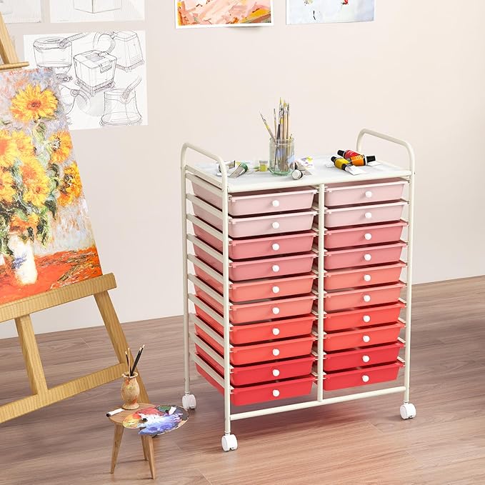 GOFLAME 20-Drawer Rolling Storage Cart, Multifunctional Art Craft Organizer, Mobile Utility Storage with Removable Drawers & Lockable Wheels, Craft Cart for Home Office School, Pink Gradient
