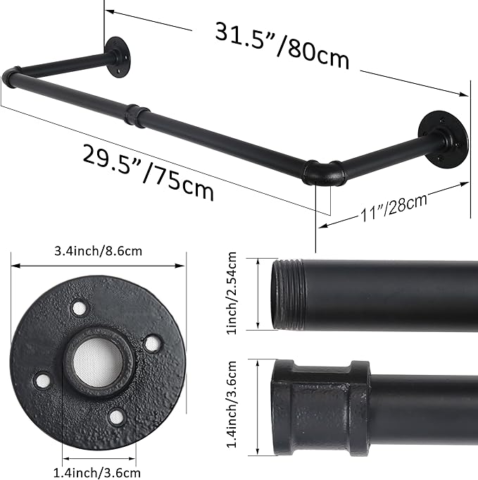 WEBI Clothing Rack Wall Mount,32" Industrial Pipe Clothes Rack for Hanging Clothes,Heavy Duty Iron Garment Rack Bar,Retail Display Clothes Rod for Closet,Laundry Room,Black