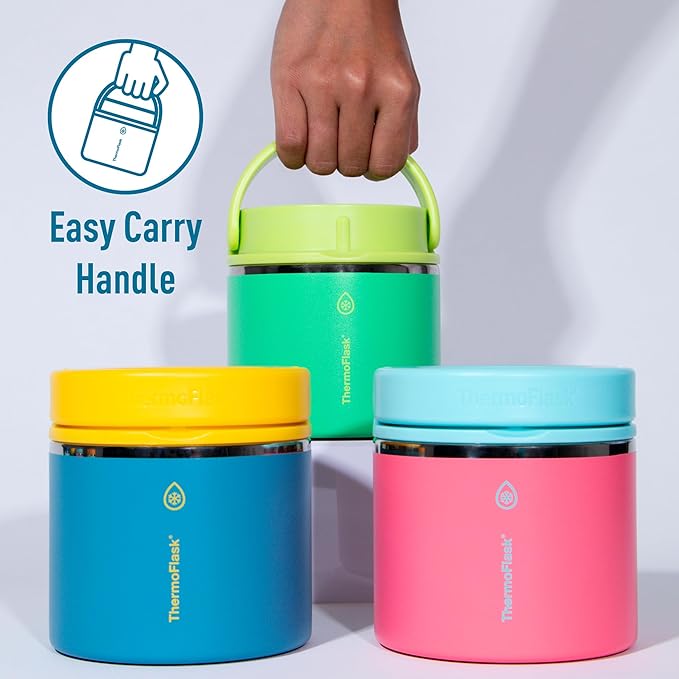 ThermoFlask 20 oz Double Wall Insulated Food Jar, 2-Pack, Sugar Coral + Maui Blue/Maui Blue + Sunrise
