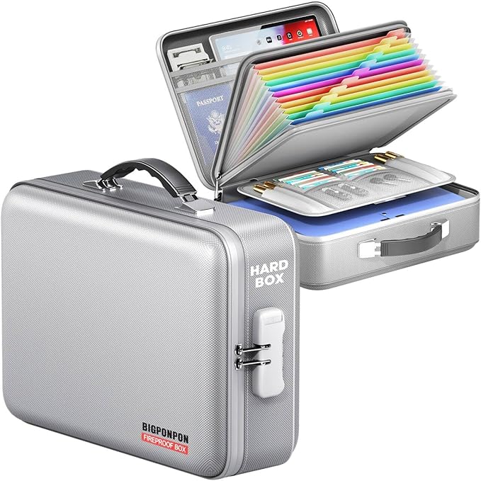 Fireproof Document Box, Hard Case Highly Flame-Resistant Fire Proof Waterproof File Organizer with Lock, Portable Fire Safe for Important Documents & Valuables Storage (Gray, ‎15"*11"*5")