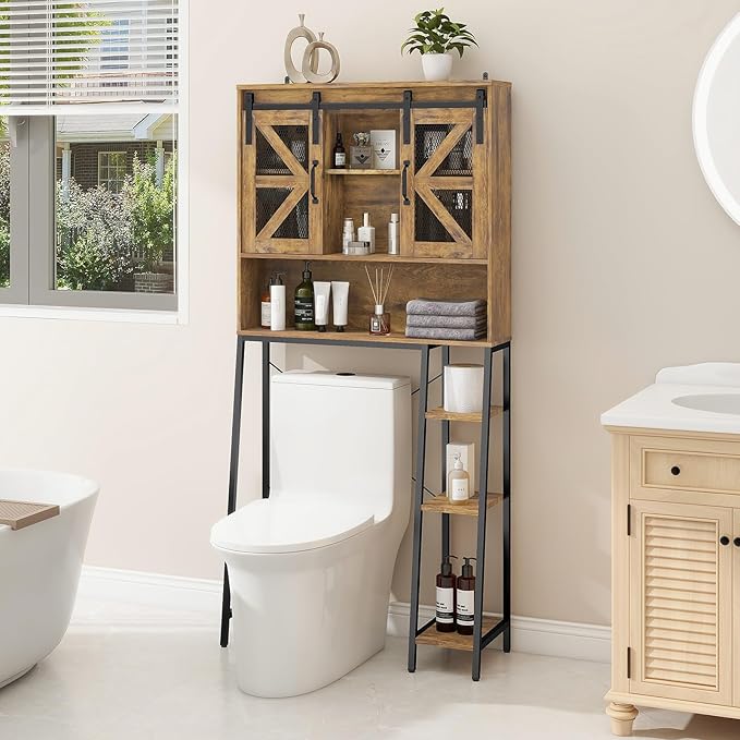 Vabches Over The Toilet Storage Cabinet, Farmhouse Storage Cabinet Over Toilet with Sliding Barn Door，Home Space-Saving Toilet Rack, for Bathroom, Restroom, Laundry，Brown