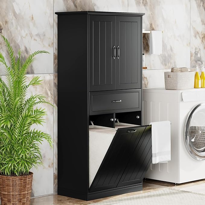 Tall Tilt Out Laundry Cabinet with 2 Tilt Out Laundry Hamper, Wood Bathroom Storage Cabinet with Doors,Drawers and Adjustable Shelves Freestanding (Black)