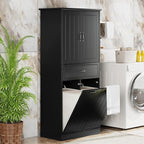Tall Tilt Out Laundry Cabinet with 2 Tilt Out Laundry Hamper, Wood Bathroom Storage Cabinet with Doors,Drawers and Adjustable Shelves Freestanding (Black)