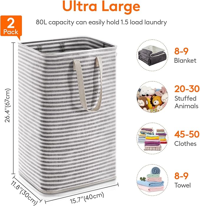 Lifewit 2 Pack Laundry Basket 80L Each, Collapsible Clothes Hamper with Reinforced Handles, Freestanding Waterproof Design for Bedroom and Laundry Room, Black 160L Total