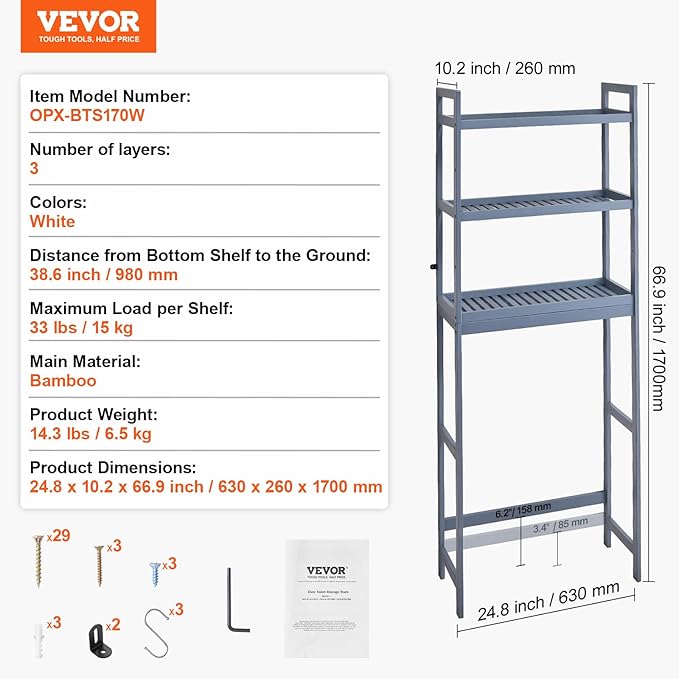 VEVOR Over The Toilet Storage, 3-Tier Adjustable Over Toilet Bathroom Organizer, Bamboo Storage Shelf Rack with 3 Hooks, Freestanding Easy Assembly Laundry Space Saver, Fit Most Toilets, White