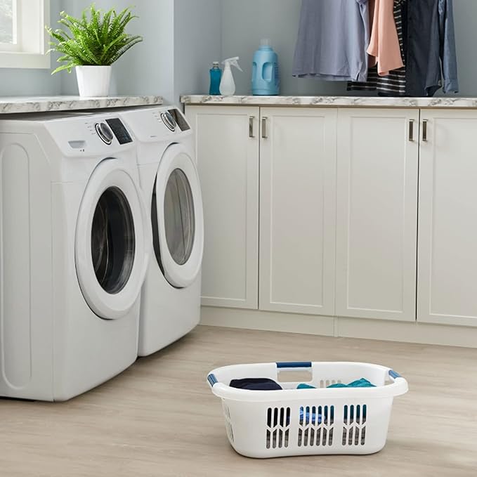 Rubbermaid 4 Pack Small Laundry Basket, 2.1 Bushel Bedroom Hamper, Hip-Hugger Plastic Clothing Bin with Carrying Handles, White