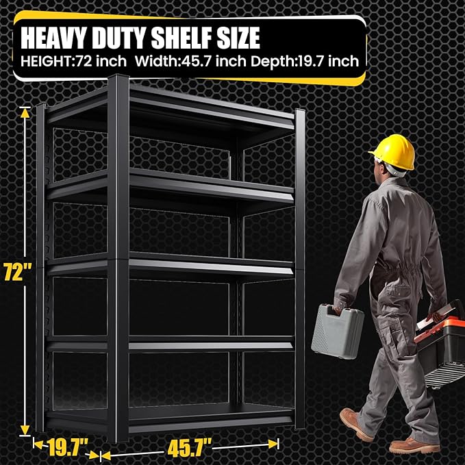 5-Tier Garage Shelving Heavy Duty, 3000LBS Garage Shelves, Adjustable Metal Shelving Unit, Garage Storage Shelves, Utility Rack Shelf, Shelves for Garage Storage, 72" H×45.7" W×20" D, 2 Pack