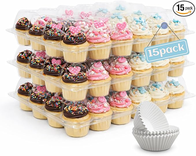 (24 Count x 15 Sets Plastic Cupcake Containers with Liners, Clear Cupcake Holder with Lids, Disposable Cupcake Carrier for Bakery, Cupcake Storage Box for Parties, Bake Sale Packaging