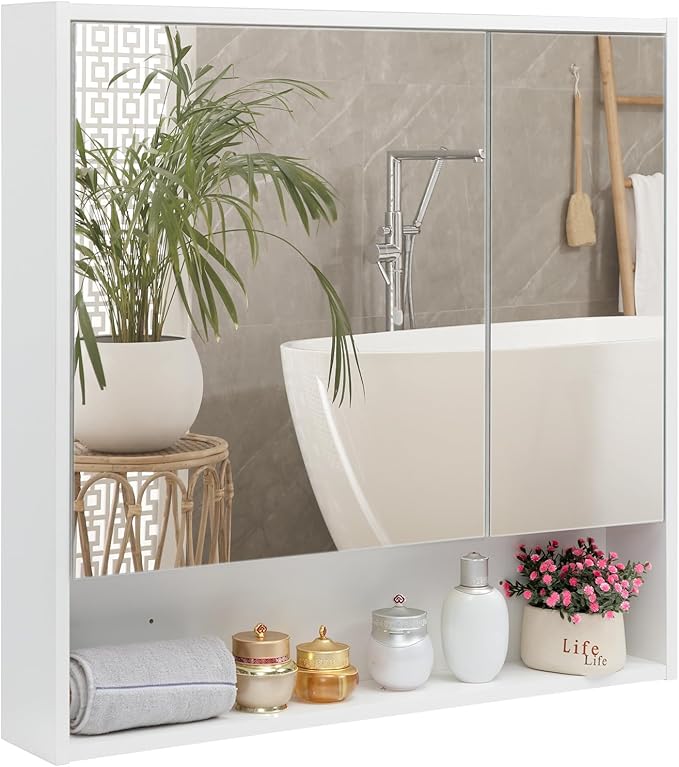 ALIMORDEN Medicine Cabinet with Mirror and Shelves, Bathroom Wood Wall Cabinet Over The Toilet, Vanity, Recessed or Surface Mount, 30.07 Inch x 30 Inch, White