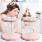 JCD 6Pcs 8.5 * 9.5inch Round clear cake boxes with Ribbon,Ideal for 7inch and 6inch Tall Layer Tiered Cakes,Multi-Layer cake boxes for Christmas Bakery Treat (Pink, Round 8.5inch/6pcs)