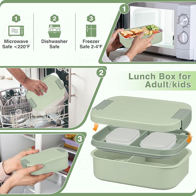 Bento Lunch Box Set with 10.5oz Soup Thermo Food Jar for Adults Kids, Stainless Steel Leak-proof Lunch Container, Coffee Tumbler with Lunch Bag for School Travel Office-Green