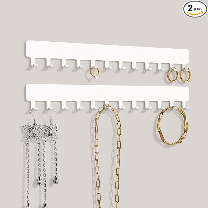 Necklace Holder - Hanging Jewelry Organizer, Self-Adhesive, Wall Mount, 2 Pack, White