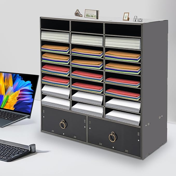 PVC File Organizer, 24 Slots Office File Storage Shelf Organizer Storage Desk Folders Mail Sorter Rack w/Removable Shelves and 2 Drawers for Office, Home, Classroom