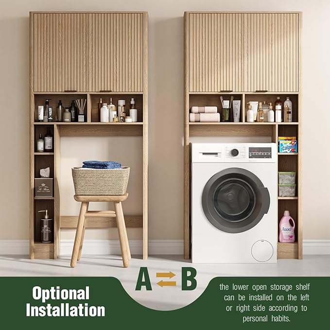 31''W Over The Toilet Storage Cabinet with Fluted Door, Oak Bathroom Organizer with Adjustable Shelf, 67''H Tall Natural Toilet Paper Holder Stand Wave Door for Restroom, Laundry Room