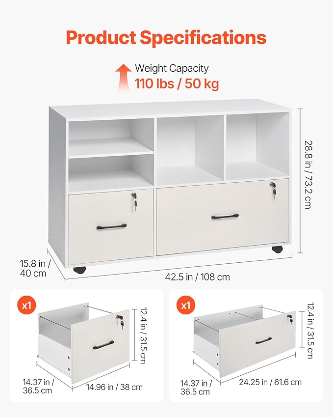 VEVOR 2 Drawer Wooden File Cabinet, Mobile Filing Cabinet with Open Shelves, Lockable Lateral Rolling File Storage with Adjustable Shelves, Free Standing Printer Stand for Home Office School, White