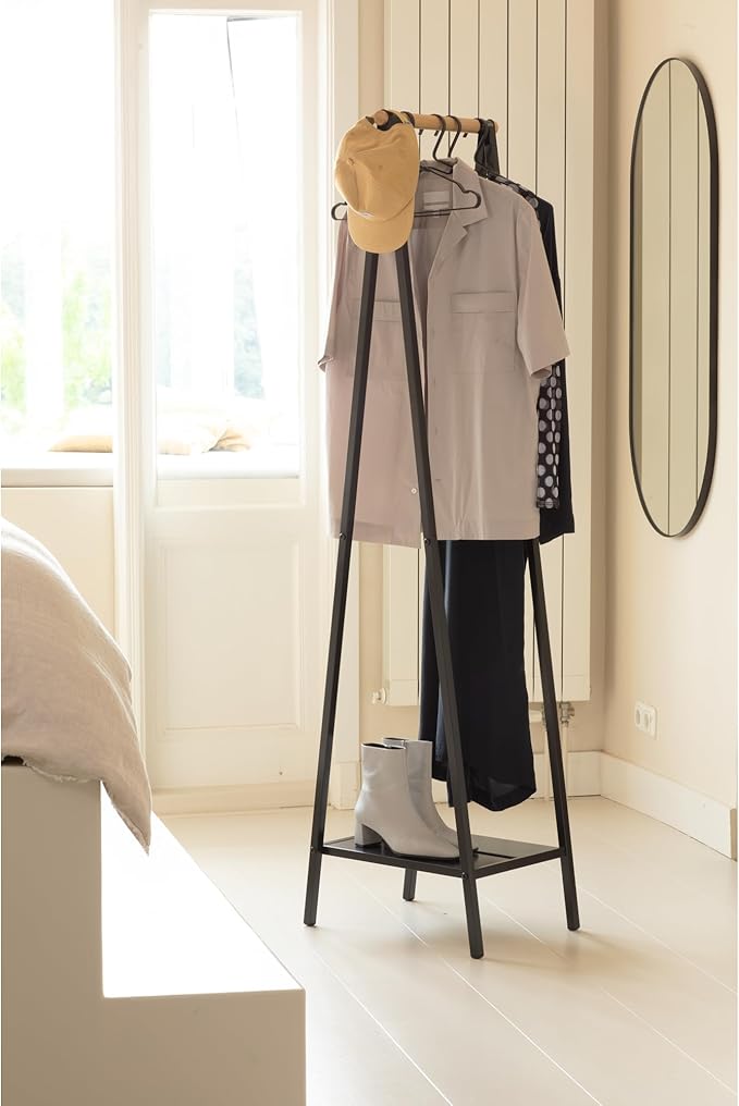Brabantia - Linn Clothes Rack, Compact - Free Standing Clothing Rail - Clothes Storage - Hang, Air, or Dry Clothes - Sturdy Steel Frame & Bamboo Rod - 19 x 13 x 67 inches - Black