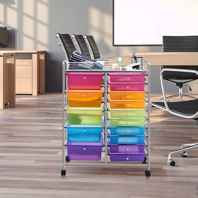 RELAX4LIFE 15 Drawer Rolling Storage Cart, Mobile Drawer Carts for Craft Art Supply Paper Salon, Utility Cart on Wheels for Classroom Teacher School Office, Rolling Cart with Drawers (Color)