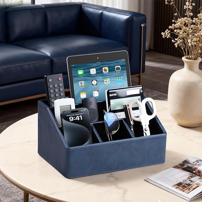 PU Leather Desk Organizer, Luxury Remote Control Holder for Home, Office Desk Accessories Table Caddy Bedside Nightstand Organizer (Dark Blue)