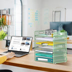 7 Tier Paper Organizer - Mesh Desktop File Holder with Handles for Office School Desk, Black (Mint green)