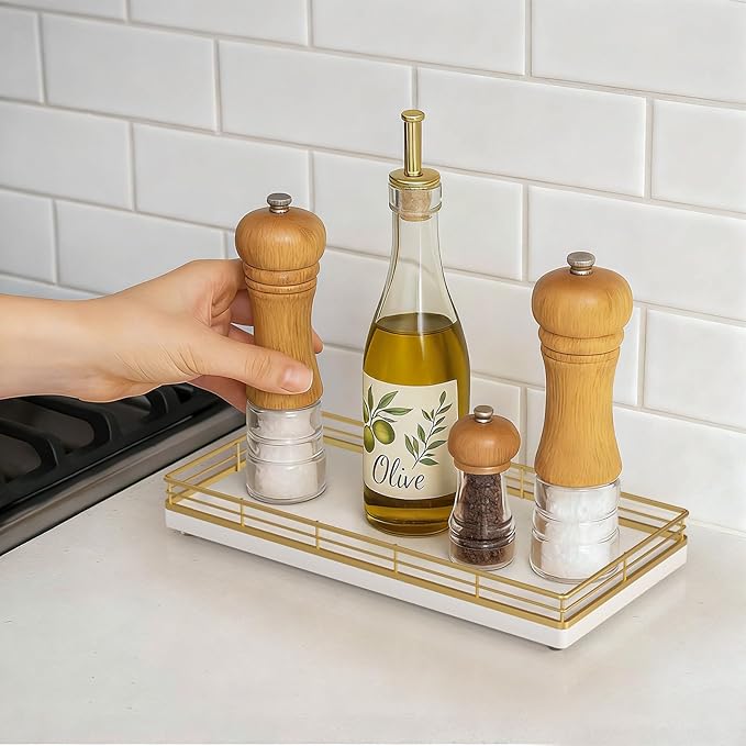 Bathroom Vanity Tray – 12" x 6" Oak Decorative Wooden Tray for Toilet Tank Organizer Wood Tray for Bathroom Countertop, Soap, Perfume & Accessories Storage, Vanity & Dresser Decor, Gold & White