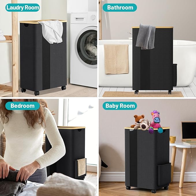BlissTotes 75L Laundry Basket Slim Laundry Hamper with Wheels Lid, Collapsible Laundry Hampers, Laundry Bin, Clothes Hamper Basket with Internal Support & Handles for Bathroom, Bedroom (Gray)