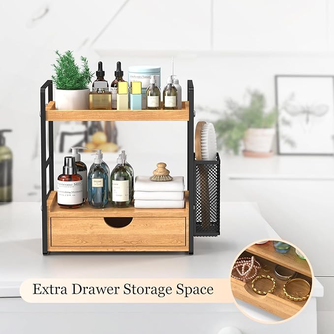 LEMIKKLE Bathroom Counter Organizer with Basket, Bathroom Organizers and Storage,Skincare Organizers for Vanity,Storage Organizers for Bathroom, Kitchen, Dresser (Light Brown with Drawer)