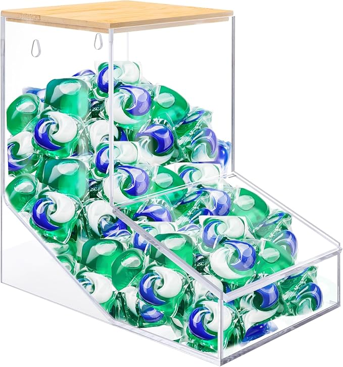 JYPS Laundry Box,Acrylic Dishwasher Pod Holder with 2 Lids,Powder Dispenser,Drying Balls,Beads,Soap Organizer for Room Table/Wall Mounted,Snack Candy Storage (1pcs-bigger)