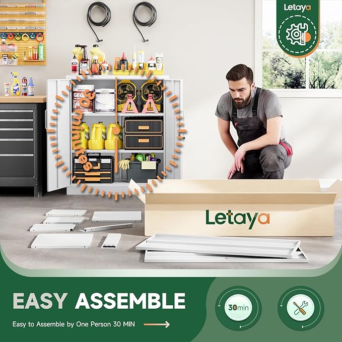 Letaya Metal Storage Cabinets with Lock, Small Locker Organizer Steel Cabinets, Adjustable Layers Shelves 2 Doors for Home, Office, Warehouse,Garage,Industrial,Employee Lockers (White-36)