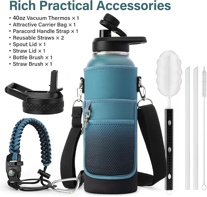 40 oz Insulated Water Bottle | Thickened Stainless Steel Vacuum Metal Portable Sports Water Jug for Gym and Hiking with Straw, Carrier Bag, Handle Strap | BPA-Free 40 oz