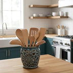 Farmhouse Kitchen Utensil Holder for Kitchen Counter, Ceramic Large Cooking Utensil Crock with Cork Mat, Decorative Rustic Utensil Organizer for Countertop, Spatula, Grayish Blue
