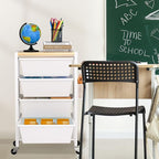 Rolling Cart with Drawers, Rolling Storage Cart with 4 Large Plastic Drawers & Wooden Tabletop, Utility Cart with Pegboards & Basket, Storage Drawers Cart for Living Room, Classroom, Bedroom, Office