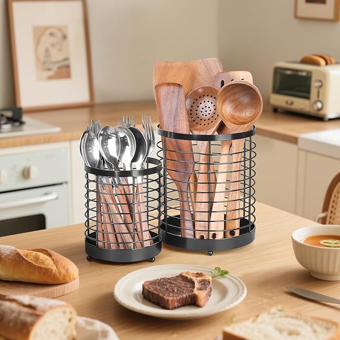 Utensil Holder, 7.7"+6" Stainless Steel Utensil Holder for Kitchen Counter, Cooking Tools Spatula, Silverware Forks, Knives, Spoons Utensil Crocks Organizer Drying Rack, Set of 2