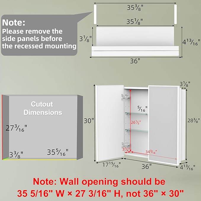 Buruis 36" x 30" Framed Medicine Cabinet with Mirror, Recessed or Wall Mounted Bathroom Cabinet, Adjustable Tempered Glass Shelves, Left/Right Open Reversible, No Assembly Required, White