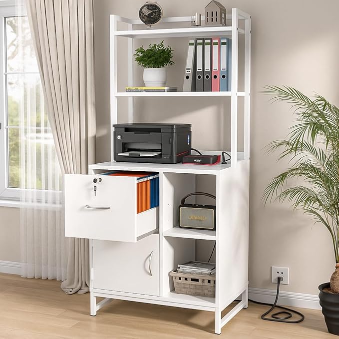 Homieasy Vertical Filing Cabinet with Bookshelf for Home Office, File Cabinet with Shelves, Lock & Charging Station, Drawer Office File Cabinets with Printer Stand, fits Letter Size, White